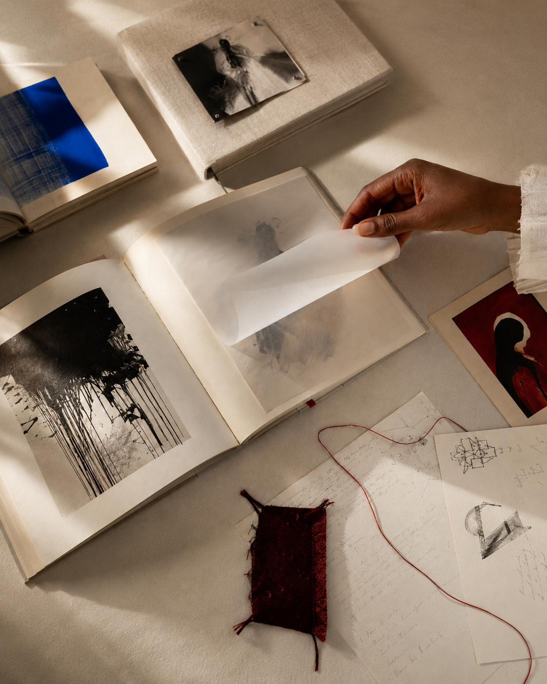 A hand turning a translucent page across research books, notes and textile fragments